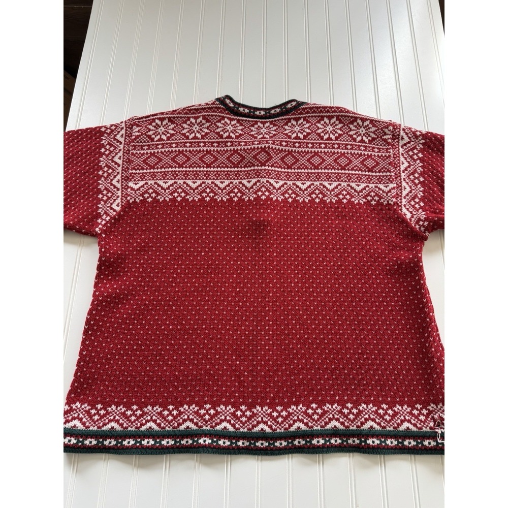 LL‎ Bean Womens Sweater L XL Red Fair Isle Nordic 1/4 Button Cotton Heavy - Picture 10 of 10